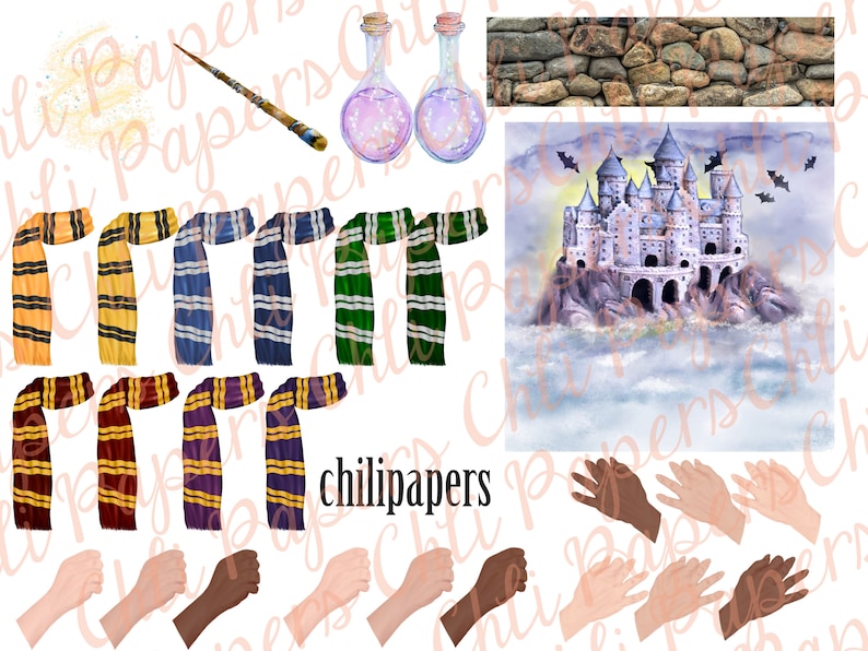 May include: A digital paper pack with a whimsical theme featuring a castle, potions, wands, scarves, and hands. The castle is purple and white with a stone foundation. The potions are in clear glass bottles with a pink and purple sparkle inside. The wands are wooden with a gold tip. The scarves are in various colors and patterns. The hands are in various skin tones and are in different positions. The text "chilipapers" is visible in the image.