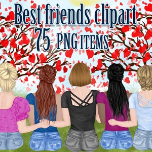 May include: Four friends stand in front of a tree with pink and red hearts. They are wearing jeans and different coloured shirts. The text "Best friends clipart 75 PNG ITEMS" is at the top of the image.