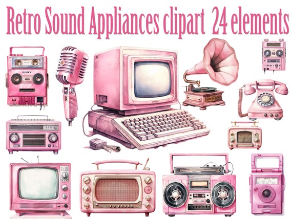 Retro music clipart,Vintage Music, Retro Vibes,Radio Boombox,Retro microphone,Nostalgic Clipart,Retro 1980 Png,Retro Phone Png,Pink clipart