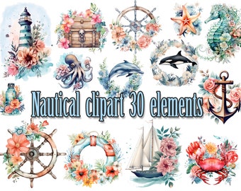 May include: Watercolor clipart set with 30 nautical elements, including a lighthouse, seashells, starfish, anchor, octopus, sailboat, and a crab. The elements are surrounded by floral arrangements in shades of pink, blue, and yellow.