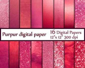May include: A set of 16 digital papers in shades of pink and red. The papers feature various textures, including glitter, metallic, and brushed metal. The papers are 12 inches by 12 inches and 300 dpi. The text "Purpur digital paper" and "16 Digital Papers 12" x 12" 300 dpi" is included in the image.