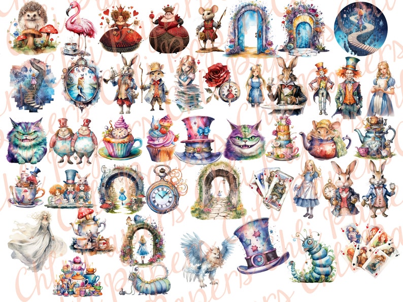以下が含まれることがあります： アリス・イン・ワンダーランドのキャラクターとオブジェクトを描いた水彩画のイラスト集。イラストには、マッドハッター、チェシャ猫、ハートの女王、アリス、ティーポット、カップケーキ、トランプ、フラミンゴなどが含まれています。