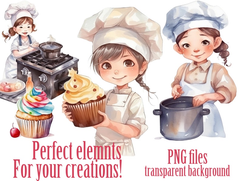 May include: Two watercolor illustrations of young chefs wearing white chef hats and aprons. One chef is holding a chocolate cupcake with yellow frosting and sprinkles. The other chef is stirring a pot on a stovetop. The text "Perfect elements for your creations!" is written in red below the images. The text "PNG files transparent background" is written in black below the text.