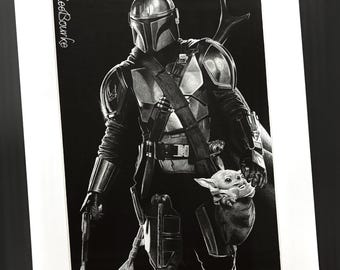 The Mandalorian (Din Dajrin and Grogu), Limited Edition print of original artwork by Lee Bourke