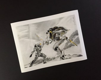 Halo, Master Chief vs Promethean Knight, authentic print of original artwork by Lee Bourke