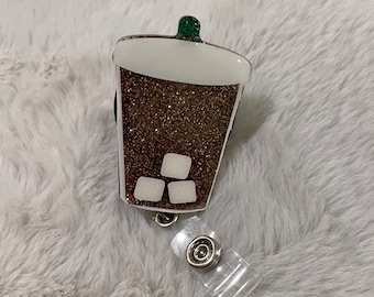 Carrete de insignia de café helado con purpurina, soporte de insignia de café helado, soporte de insignia de comida, carrete de insignia colorido, carrete de insignia lindo