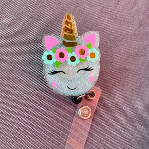 Glitzer Einhorn Abzeichen Reel, Einhorn Abzeichen Halter, Fantasy Abzeichen Halter, bunte Abzeichen Reel, niedliche Abzeichen Reel