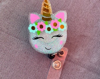 Carrete de insignia de unicornio brillante, soporte de insignia de unicornio, soporte de insignia de fantasía, carrete de insignia colorido, carrete de insignia lindo