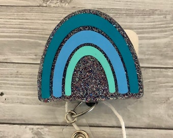 Carrete de insignia de arco iris boho con purpurina, soporte de insignia de arco iris, soporte de insignia de cielo, carrete de insignia colorido, carrete de insignia lindo