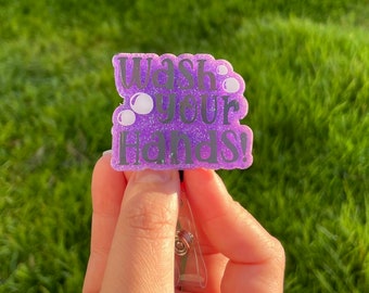 Carrete de insignia de lavarse las manos con purpurina, soporte de insignia limpio, soporte de insignia de médico, regalo de enfermera, carrete de insignia lindo, hospital, idea de regalo,