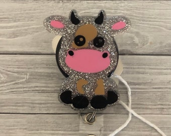 Carrete de insignia de vaca con purpurina, soporte de insignia de vaca, soporte de insignia de animal, amante de los animales, carrete de insignia lindo