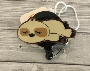 Carrete de insignia de perezoso con purpurina, soporte de insignia de perezoso, soporte de insignia de animal, amante de los animales, carrete de insignia lindo