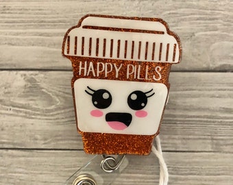 Carrete de insignia de píldoras felices con purpurina, soporte de insignia de píldoras felices, soporte de insignia de medicina, carrete de insignia de farmacéutico, carrete de insignia lindo