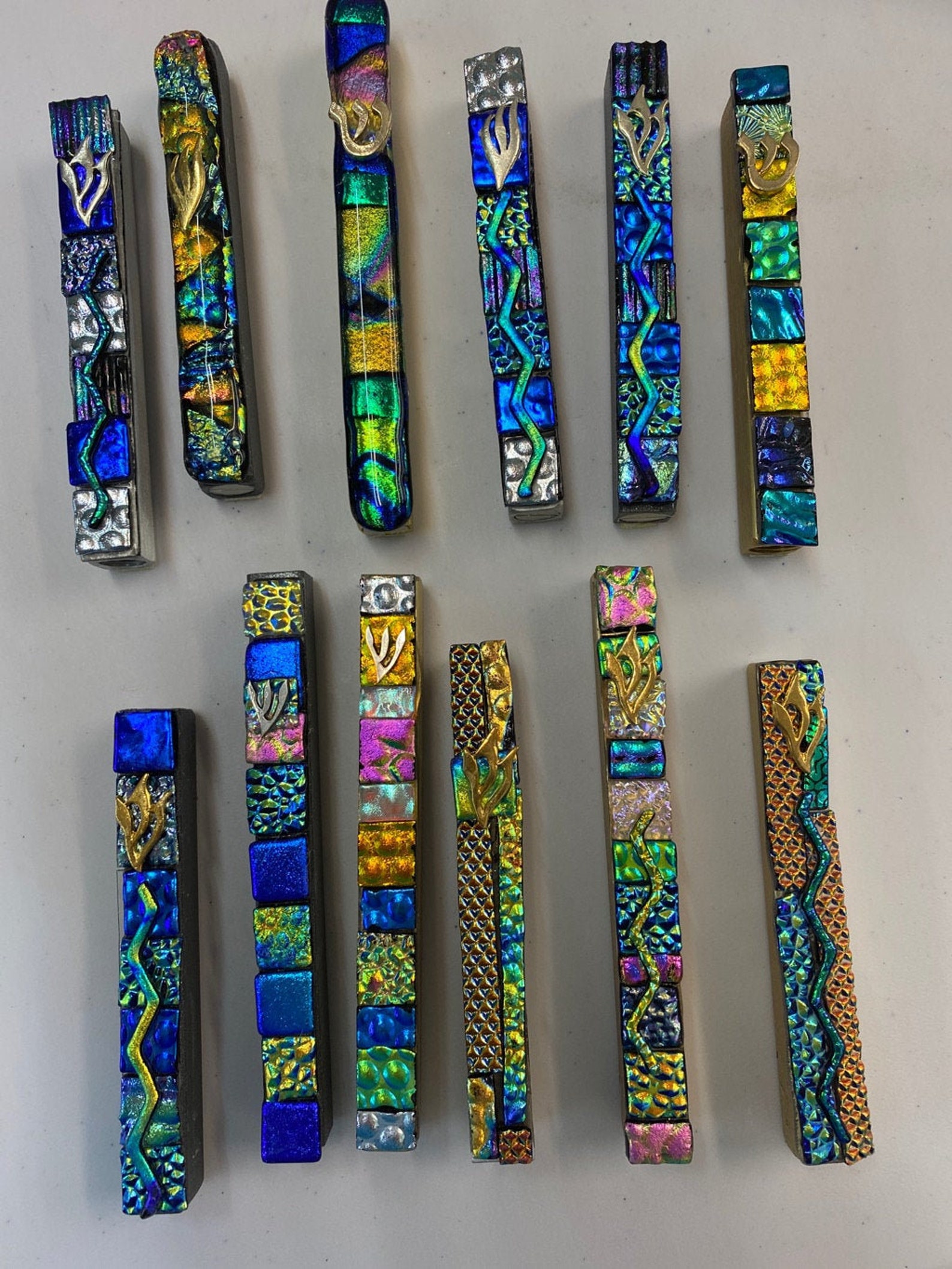 Dichroic Jerusalem Looking Blue Mezuzahs with scroll Jewish Etsy