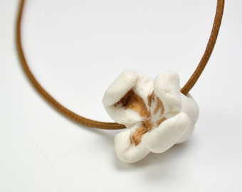 Popcorn necklace, porcelain, white ceramic, brown cotton rope