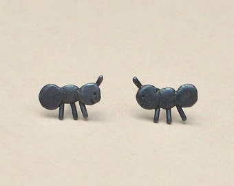 Ants. Stud earrings. Black oxidized silver