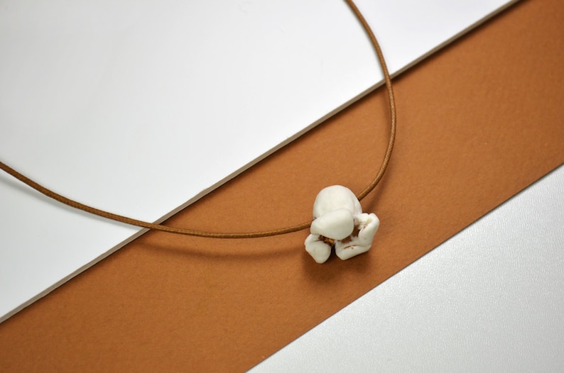 Popcorn necklace, porcelain, white ceramic, brown cotton rope image 2