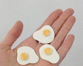 Fried Egg Pin Brooch, white and yellow porcelain. Fake food jewel