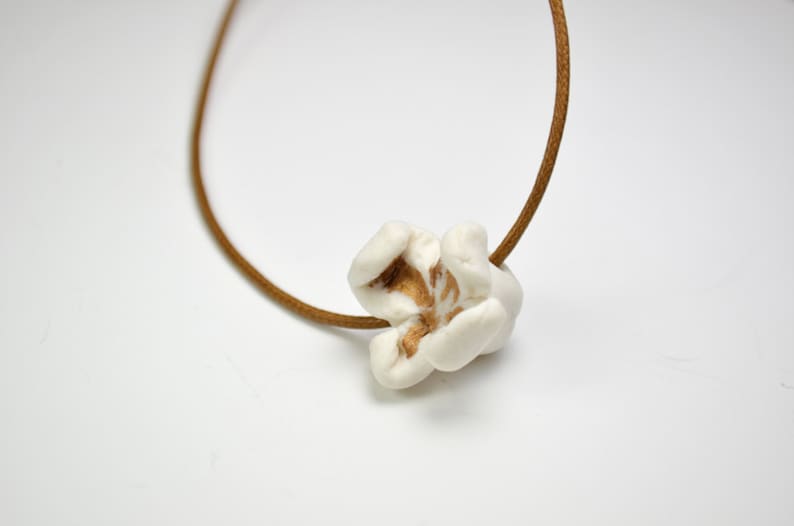 Popcorn necklace, porcelain, white ceramic, brown cotton rope image 1