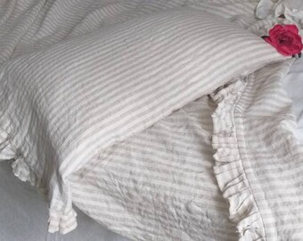 Linen Sheet with ruffles Ruffled Linen Top sheet Twin , Queen , King Custom size bed sheet  Ruffled linen bedding