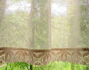 Linen Cafe Curtains with Lace Custom kitchen curtains Shabby chic sheer linen curtain panels with Rod Pocket