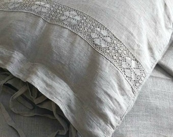 Linen pillowcase with lace and ties in white and flax gray Pillow sham Pillow cover French country bedding original design  by Luxoteks