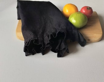 Gothic Black Hand towel with ruffles Linen Kitchen towel Tea towel Minimalist Kitchen accessories by Luxoteks