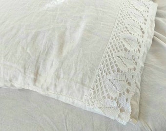 Shabby Chic Pillow Case in white  Linen Pillow Cover with Lace and ties  Farmhouse Pillow Sham  Wedding Gift  ORIGINAL DESIGN  by LUXOTEKS