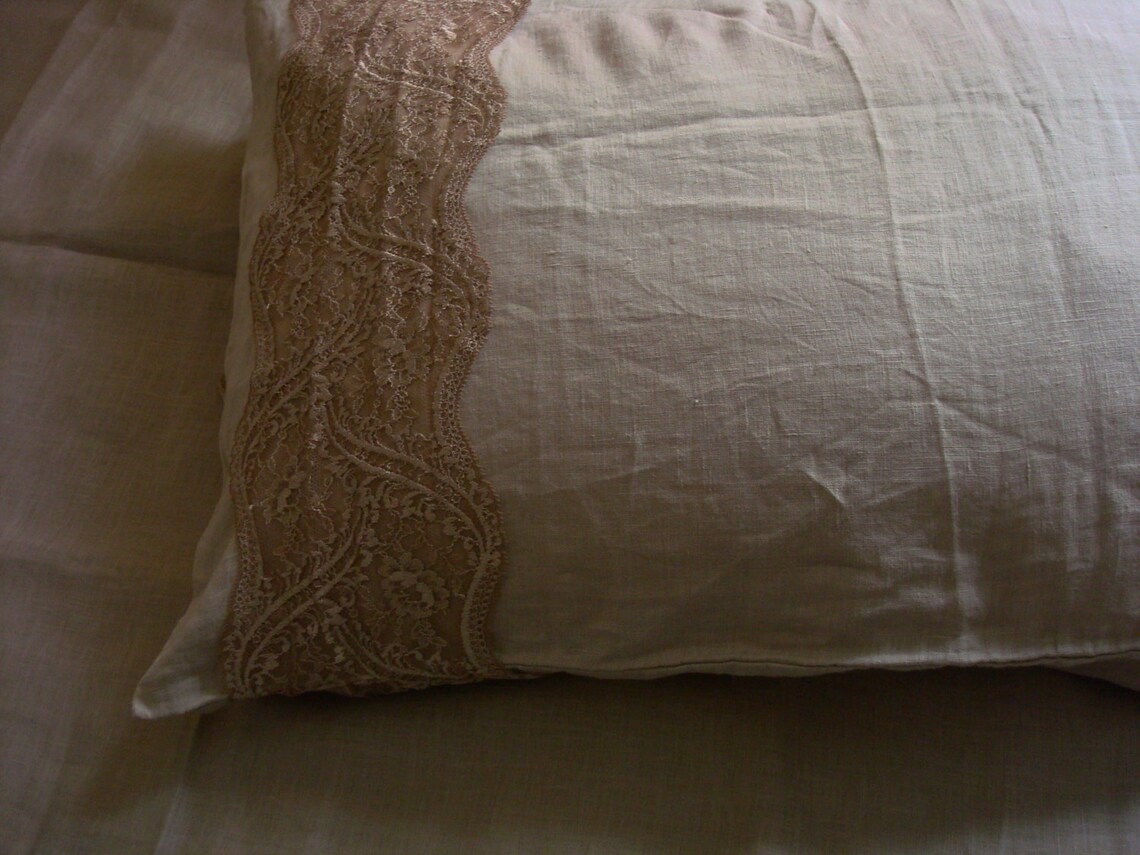 Beige Linen Pillowcase With Lace Trim Pillow Shams Euro Pillow Etsy