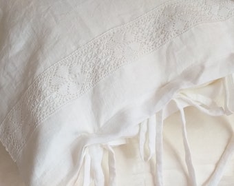 Linen pillowcase with lace and ties in white and flax gray Pillow sham Pillow cover French country bedding original design  by Luxoteks