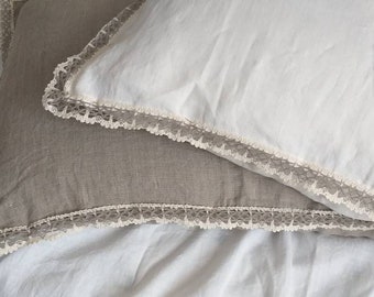 Linen Lace Pillowcase in off white or non dyed flax Stonewashed linen pillow sham Standard King Queen Body linen pillow cover by LUXOTEKS