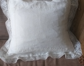 White Shabby Chic Pillowcase Linen Pillow Cover with Lace  Farmhouse Pillow Sham Wedding Gift  ORIGINAL DESIGN  by LUXOTEKS