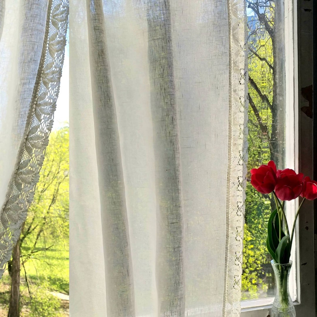White Linen Curtain Panels Romantic Cafe Curtains Lace French Etsy