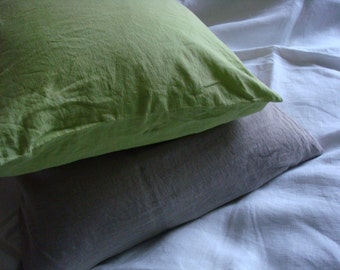 Simple light green linen pillow case stonewashed linen pillowcase shabby chic linen bed set  by LUXOTEKS