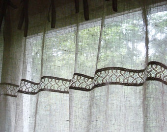 Sheer burlap  linen curtains with lace and tie top custom sizes  for kitchen , living room , bedroom