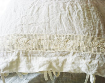 Linen pillow cases , Shabby chic pillow sham with lace and ties , French country bedding original design  by Luxoteks