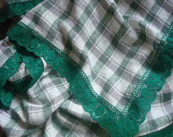 Large Linen tablecloth with lace Christmas tablecloth in green white Checkered Eco Christmas gifts Home gifts