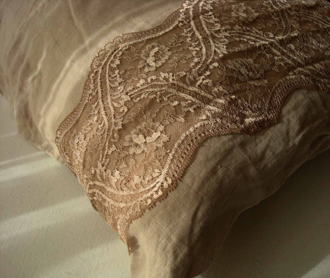 Beige Linen Pillowcase With Lace Trim Pillow Shams Euro Pillow Etsy