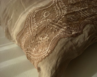 Beige linen pillowcase with lace trim pillow shams euro pillow shams standard pillow shams ORIGINAL DESIGN  by LUXOTEKS