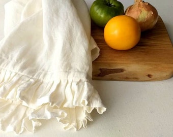Linen ruffle tea towel in white Linen kitchen towel Natural Eco linen dish clothes Eco towel Kitchen Home gift for her by Luxoteks