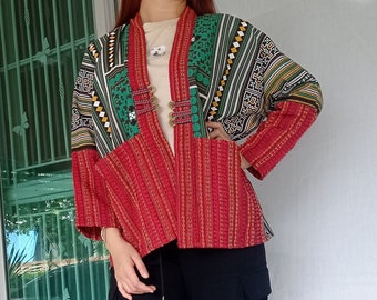 Casual Vintage Tribal Hmong Printed Cotton Jackets, Kimono, Yukata, Cardigan, Hill Tribe Woven clothing, Boho Handmade Thailand, Bohemian