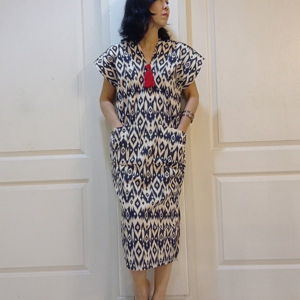 Thai Lanna Cotton Dress, Hand Woven Cotton Dress, Karen Style, Hand Screen Printing Fabric, Hippie , Boho clothes Handmade Thailand,Bohemian