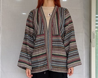 Unisex Vintage Tribal Hmong Hand Woven Cotton Jackets, Kimono, Yukata, Cardigan, Hill Tribe Woven clothing, Boho Handmade Thailand,Bohemian