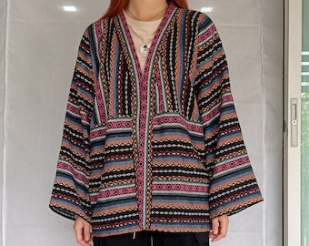 Unisex Vintage Tribal Hmong Hand Woven Cotton Jackets, Kimono, Yukata, Cardigan, Hill Tribe Woven clothing, Boho Handmade Thailand,Bohemian