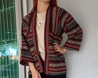 Unisex Vintage Tribal Hmong Hand Woven Cotton Jackets, Kimono, Yukata, Cardigan, Hill Tribe Woven clothing, Boho Handmade Thailand,Bohemian