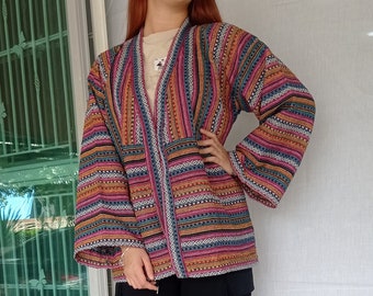 Unisex Vintage Tribal Hmong Hand Woven Cotton Jackets, Kimono, Yukata, Cardigan, Hill Tribe Woven clothing, Boho Handmade Thailand,Bohemian
