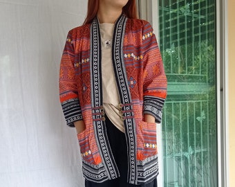 Casual Vintage Tribal Hmong Printed Cotton Jacket,Kimono,Yukata,Cardigan,Hill Tribe Woven clothing,Boho Handmade Thailand,Bohemian