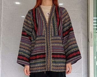 Unisex Vintage Tribal Hmong Hand Woven Cotton Jackets, Kimono, Yukata, Cardigan, Hill Tribe Woven clothing, Boho Handmade Thailand,Bohemian