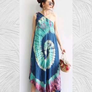 2 in 1 / One Shoulder+Neck Halter Cold Shoulder Dress,Extravagant Long Dress,Party Dress,Daywear Dress,Hand Painted Tie-Dye Rayon Maxi Dress