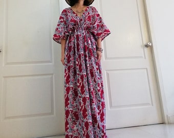 Red Printed Maxi Dress, Kaftan Sundress, Summer clothes Handmade from Thailand